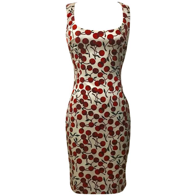 Dolce and Gabbana 1990s Cherry Print White and Red Wiggle Dress at 1stDibs  | white cherry print dress