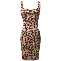 Vintage Dolce & Gabbana 1990s Cherry Print White and Red Wiggle Dress 