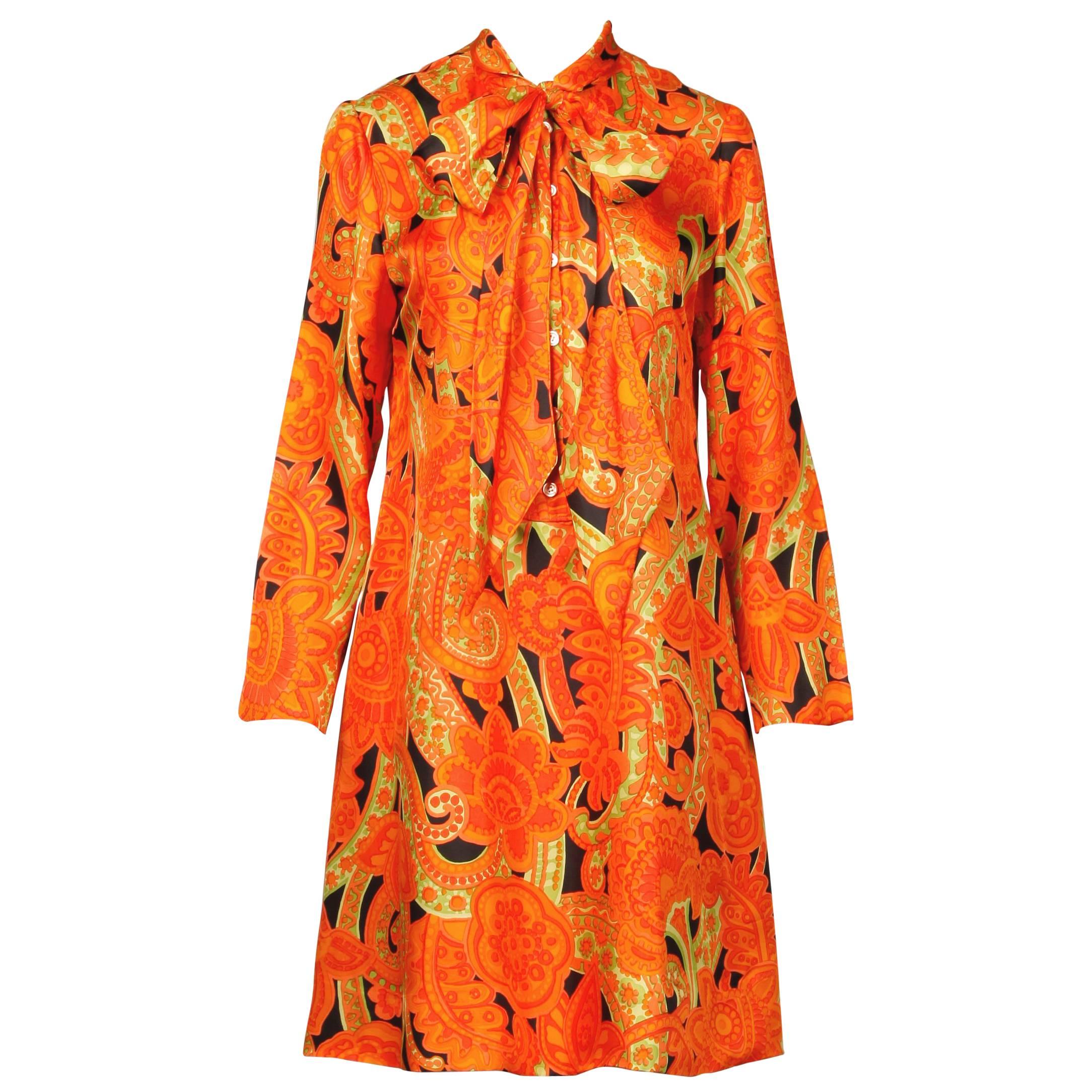 Rare 1960s Vintage Yves Saint Laurent Orange Silk Print Shift Dress with Ascot For Sale