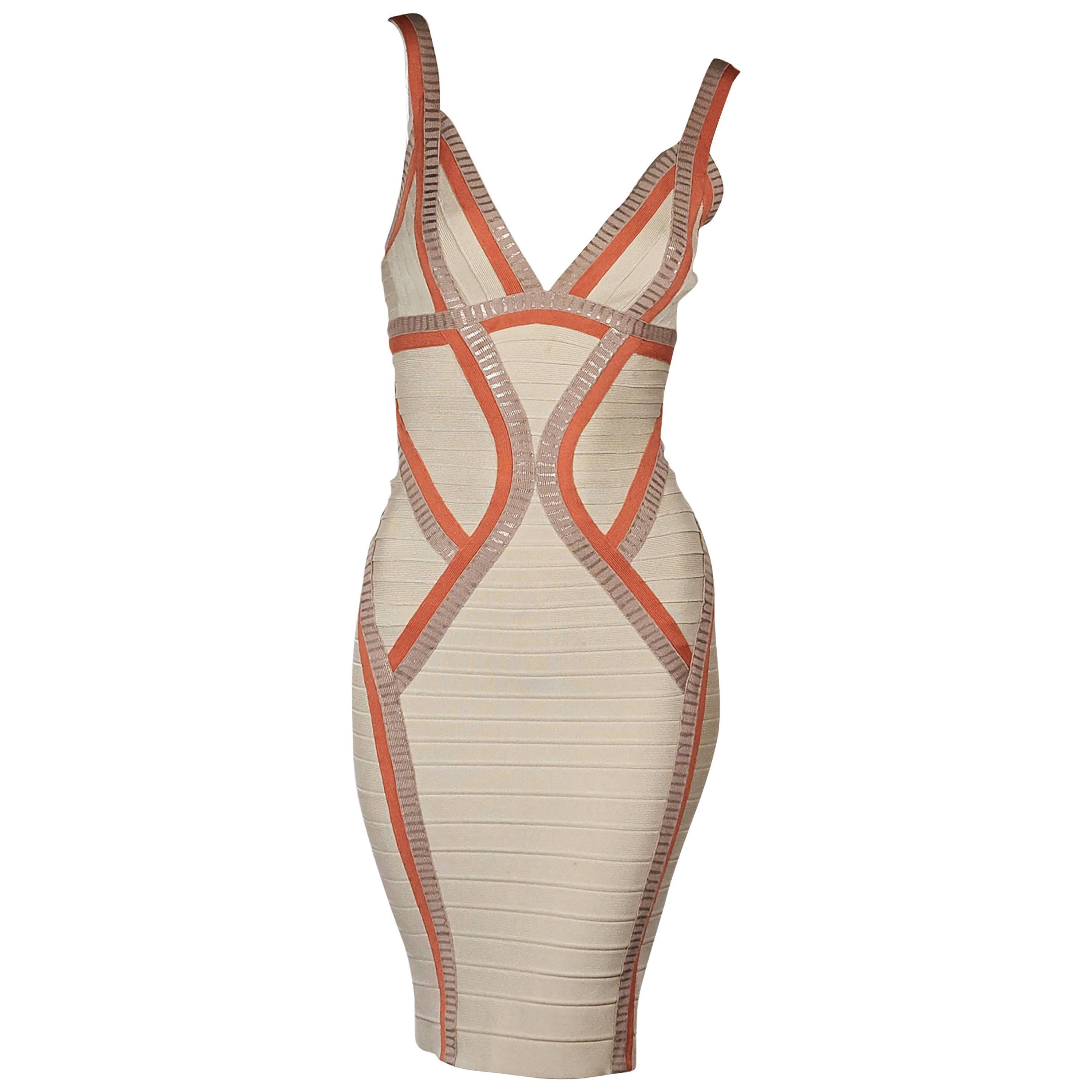 Tan & Orange Herve Leger Bandage Dress