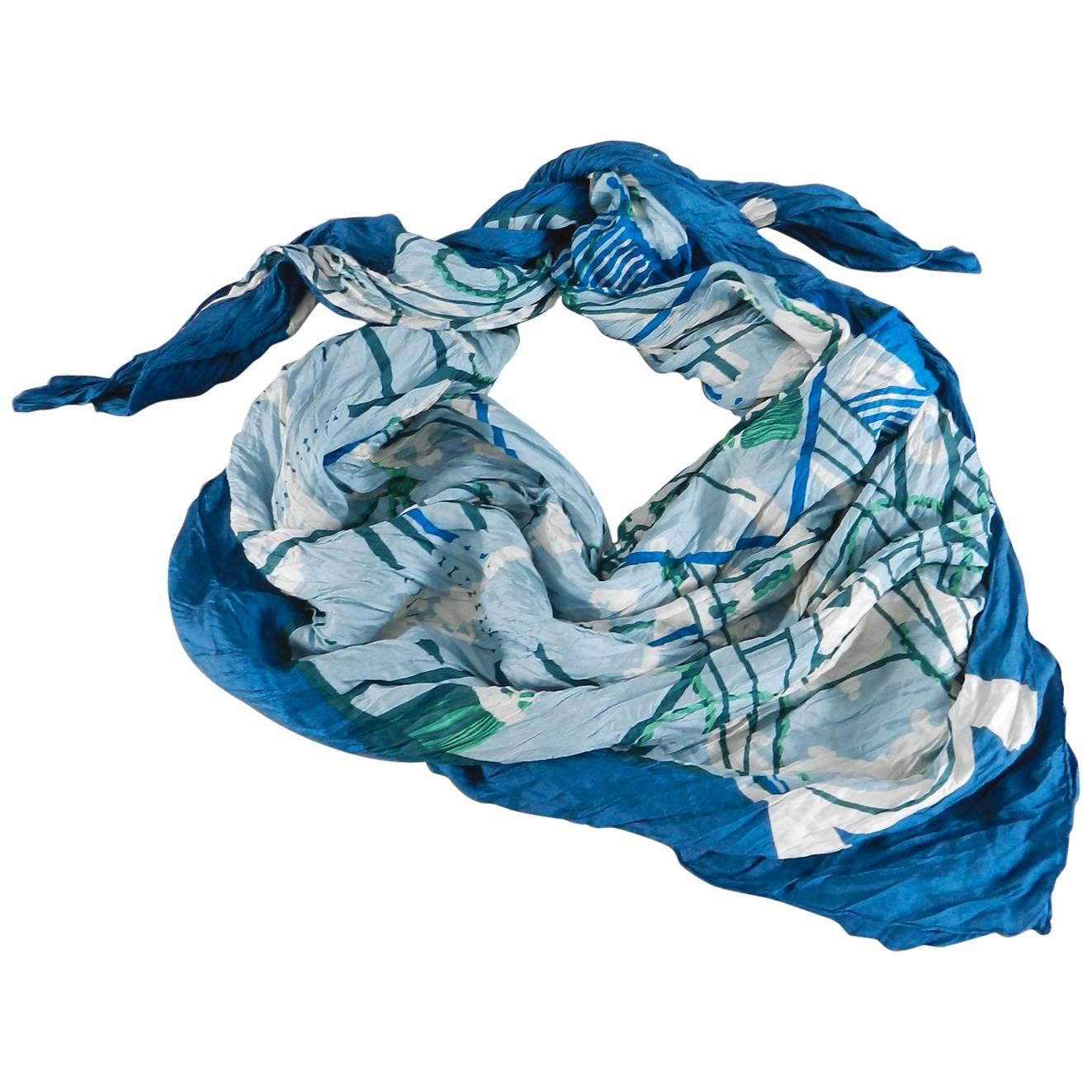 Hermes 140cm blue silk twill wrinkle shawl scarf