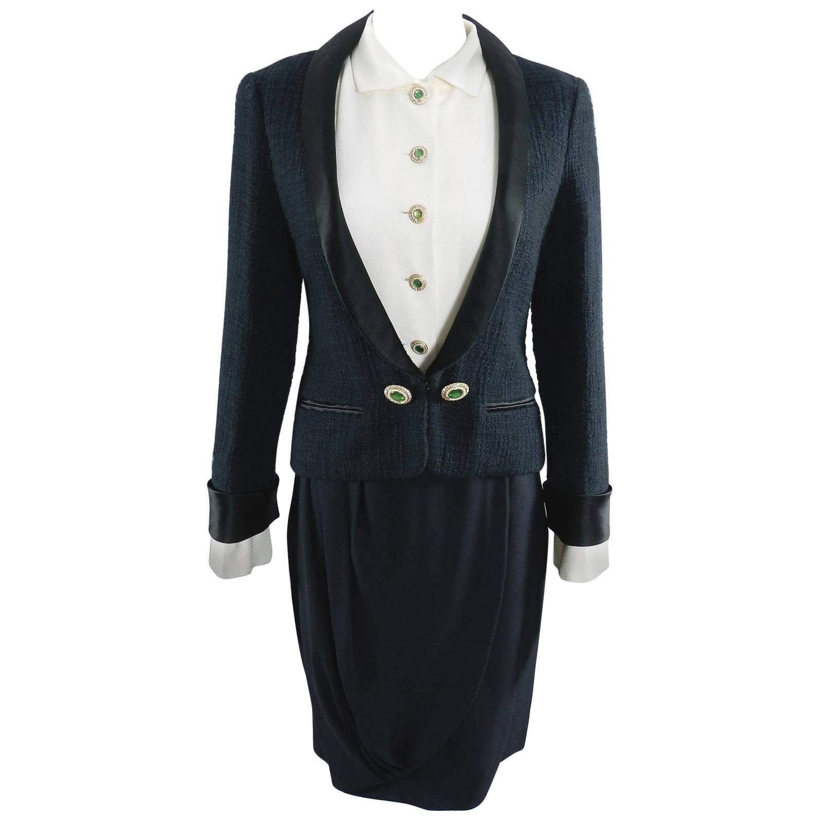 Chanel pre-fall 2012 Bombay Black Suit with Silk Blouse Green Jewelled Buttons