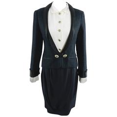 Chanel Black Suit with Silk Blouse and Green Jewelled Buttons 9