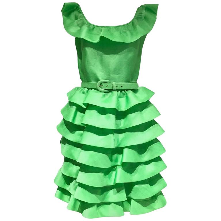 80s Oscar De La Renta Lime Green organza ruffle cocktail dress at 1stdibs
