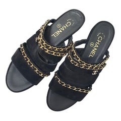 Chanel Schwarz Wildleder Kette offene Zehe flache Sandalen Sz.38