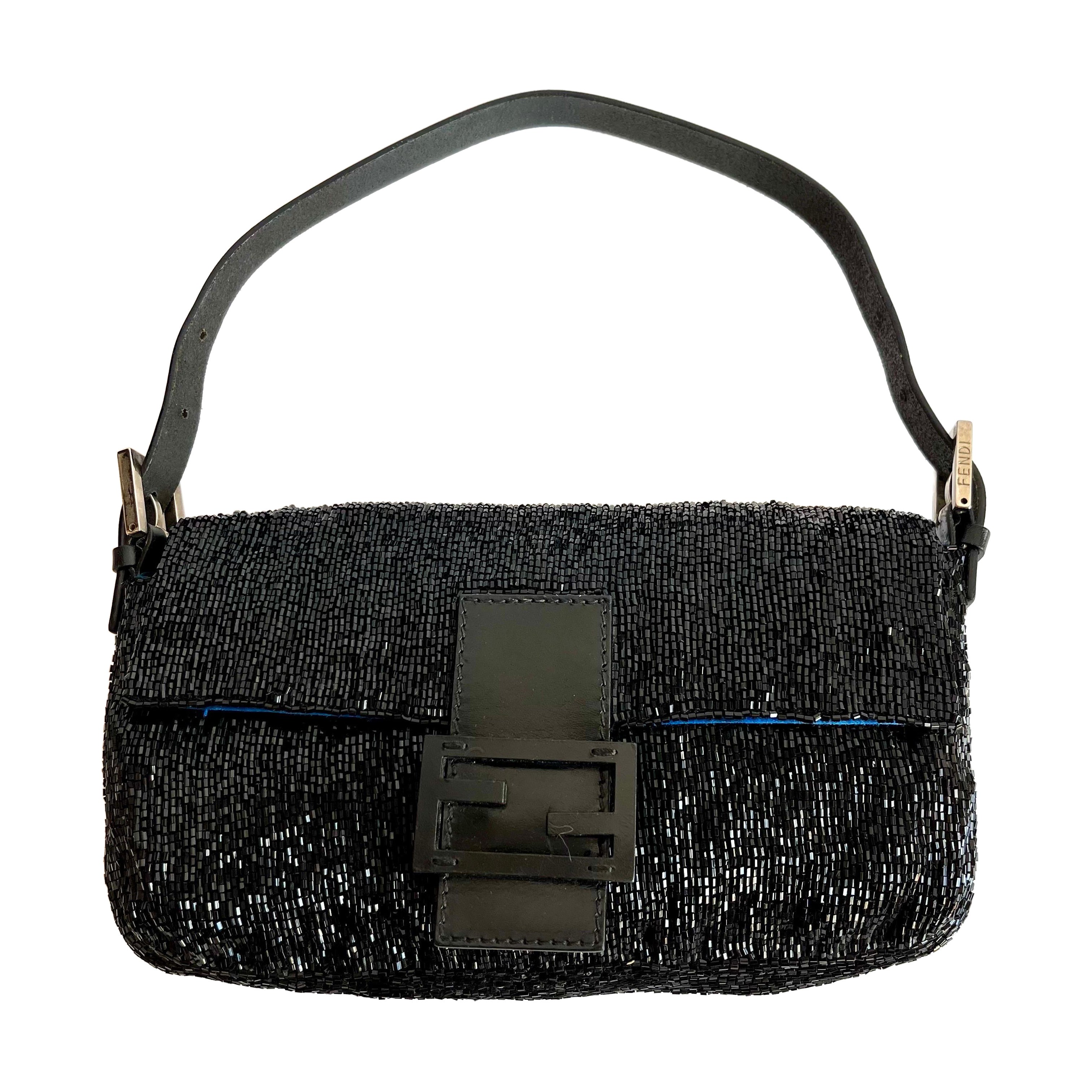 Fendi Baguette Vintage Black Glitter Beads Shoulder Bag Blue Silk Interior