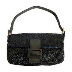 Fendi Baguette Vintage Black Glitter Beads Shoulder Bag Blue Silk Interior