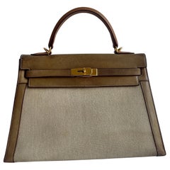 Hermes Kelly 32 Sellier Vintage Natural Leather and Canvas Gold Hardware