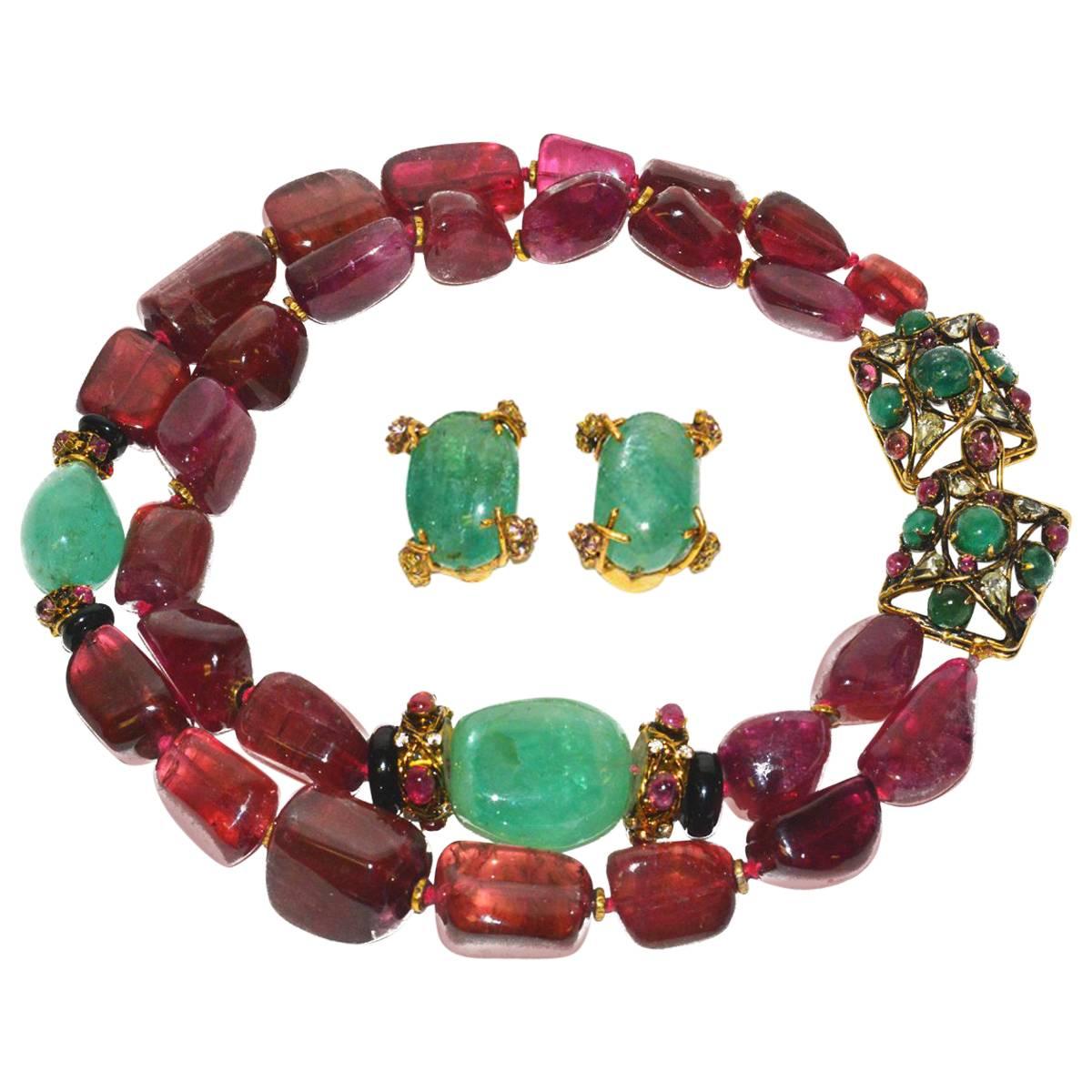 Rare One of a Kind Iradj Moini Rubellite and Emerald Necklace/Earring Suite
