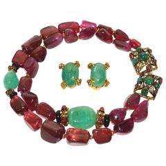Rare One of a Kind Iradj Moini Rubellite and Emerald Necklace/Earring Suite 10