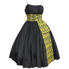 Vintage 1950s Black Embroidered Shelf Bust Taffeta Party Dress 11