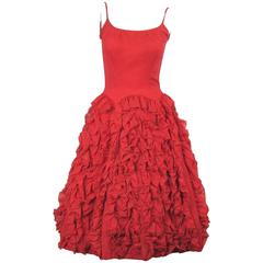 Vintage 1950s Red Ruffled Flamingo Spectacular Dancer Party Dress 12