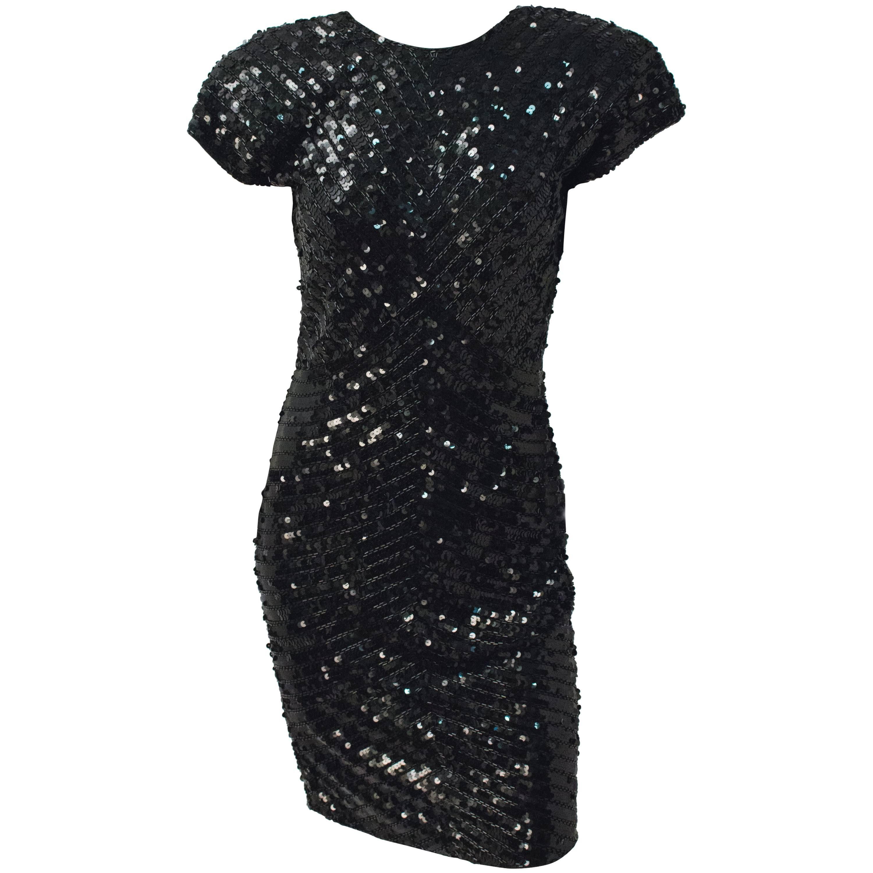 80s Tadashi Black Sequin Dress For Sale