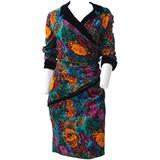 80er Oscar de La Renta Bouquet-Kleid aus den 80ern mit schwarzem Samtbesatz