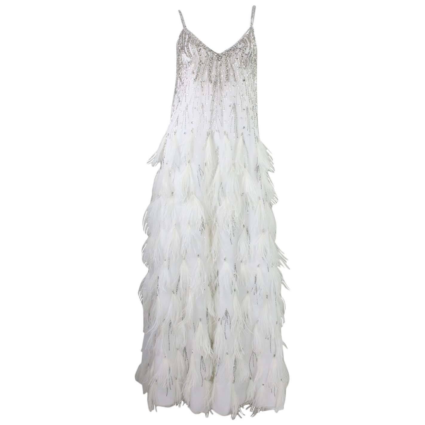 1980's Ruben Panis White Gown with Beadwork & Feathers