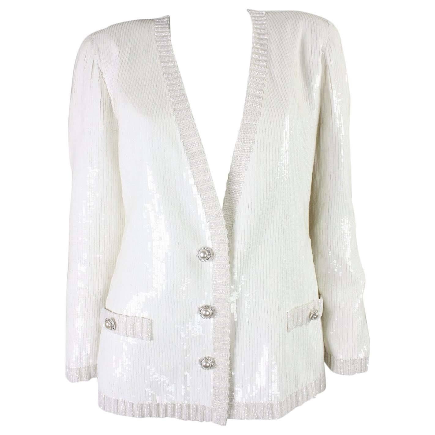 1980's Bill Blass White Sequined Jacket For Sale