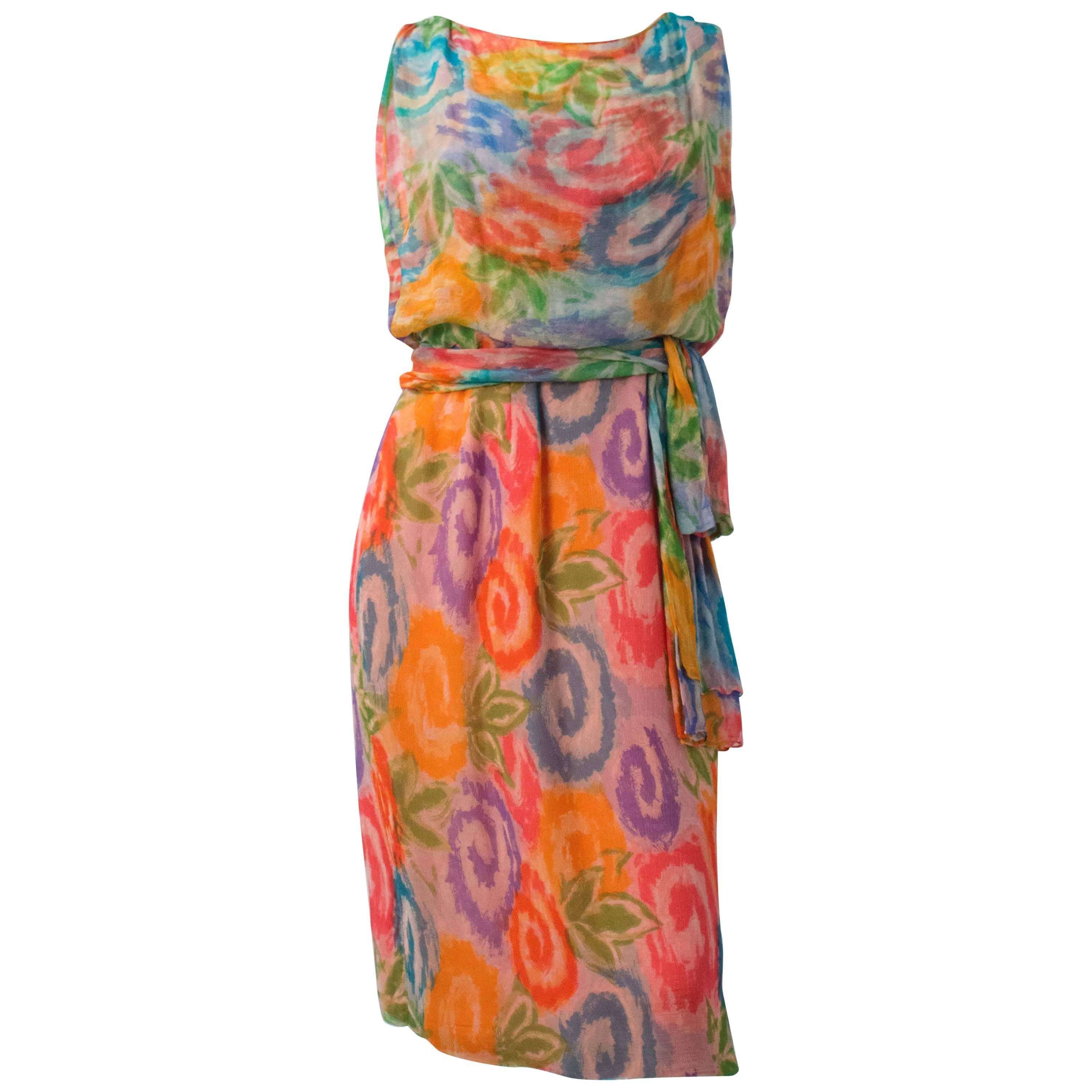 60s Painterly Swirl Floral Silk Chiffon Blouson Dress  For Sale