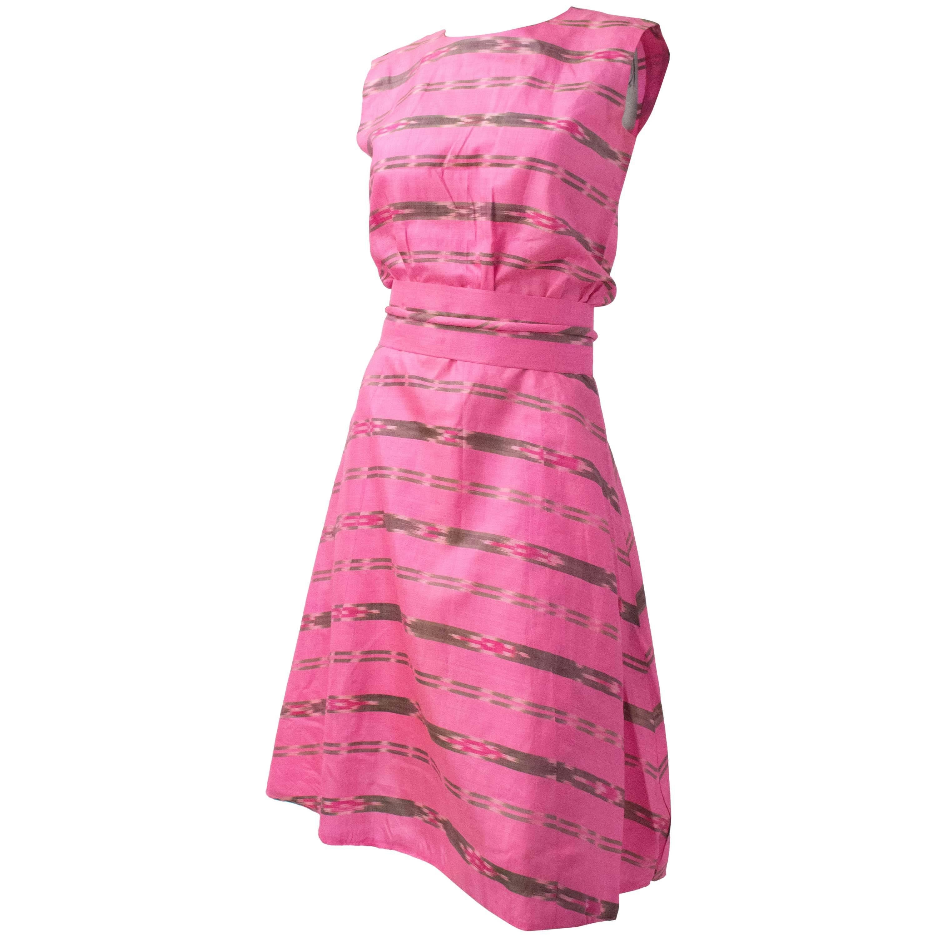 60s Fuchsia Pink Dress with Obi Belt For Sale