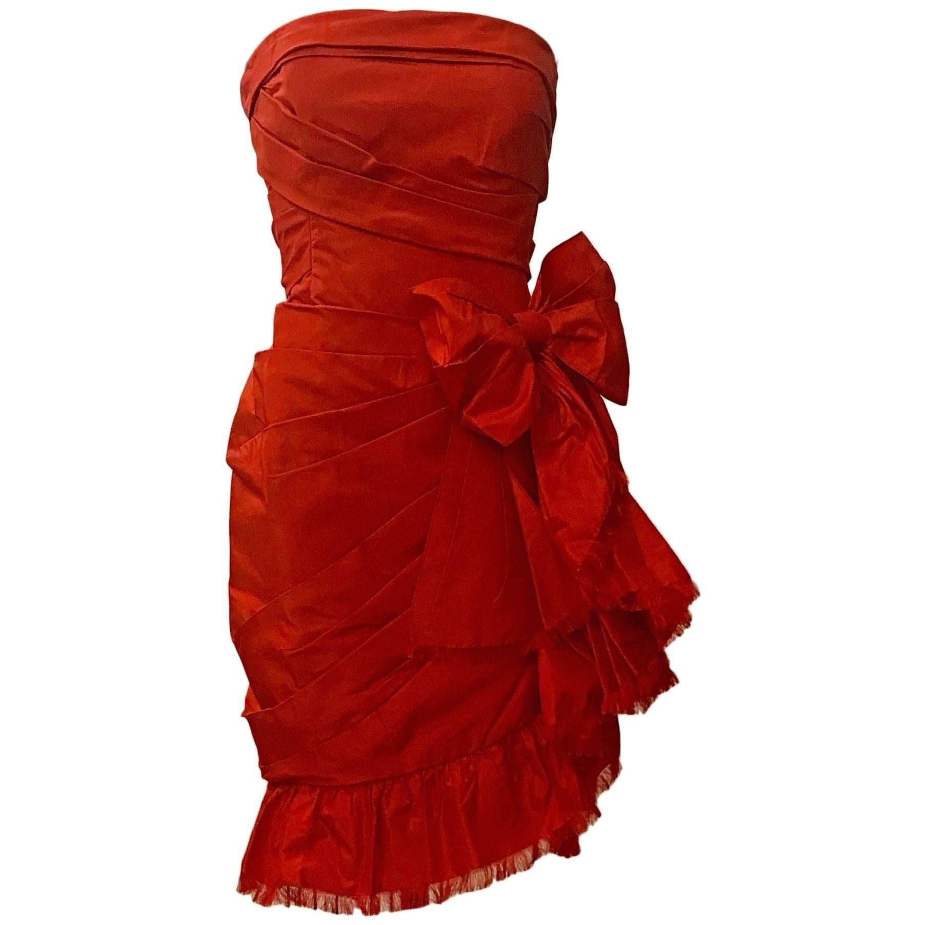 Oscar de la Renta Red Silk Strapless Bow Cocktail Dress, 2011 