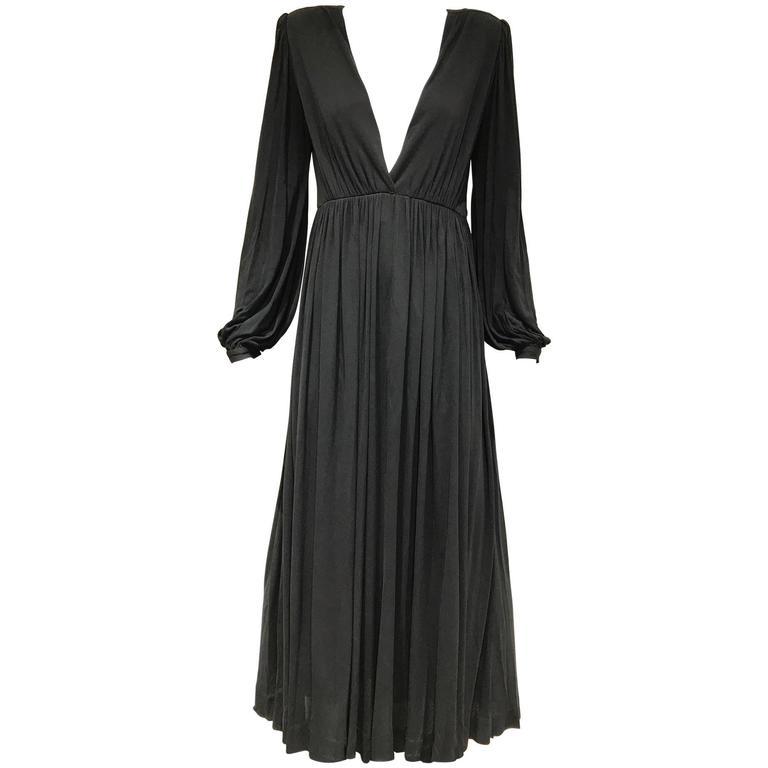 1970s Yves Saint Laurent black jersey V neck dress For Sale at 1stdibs