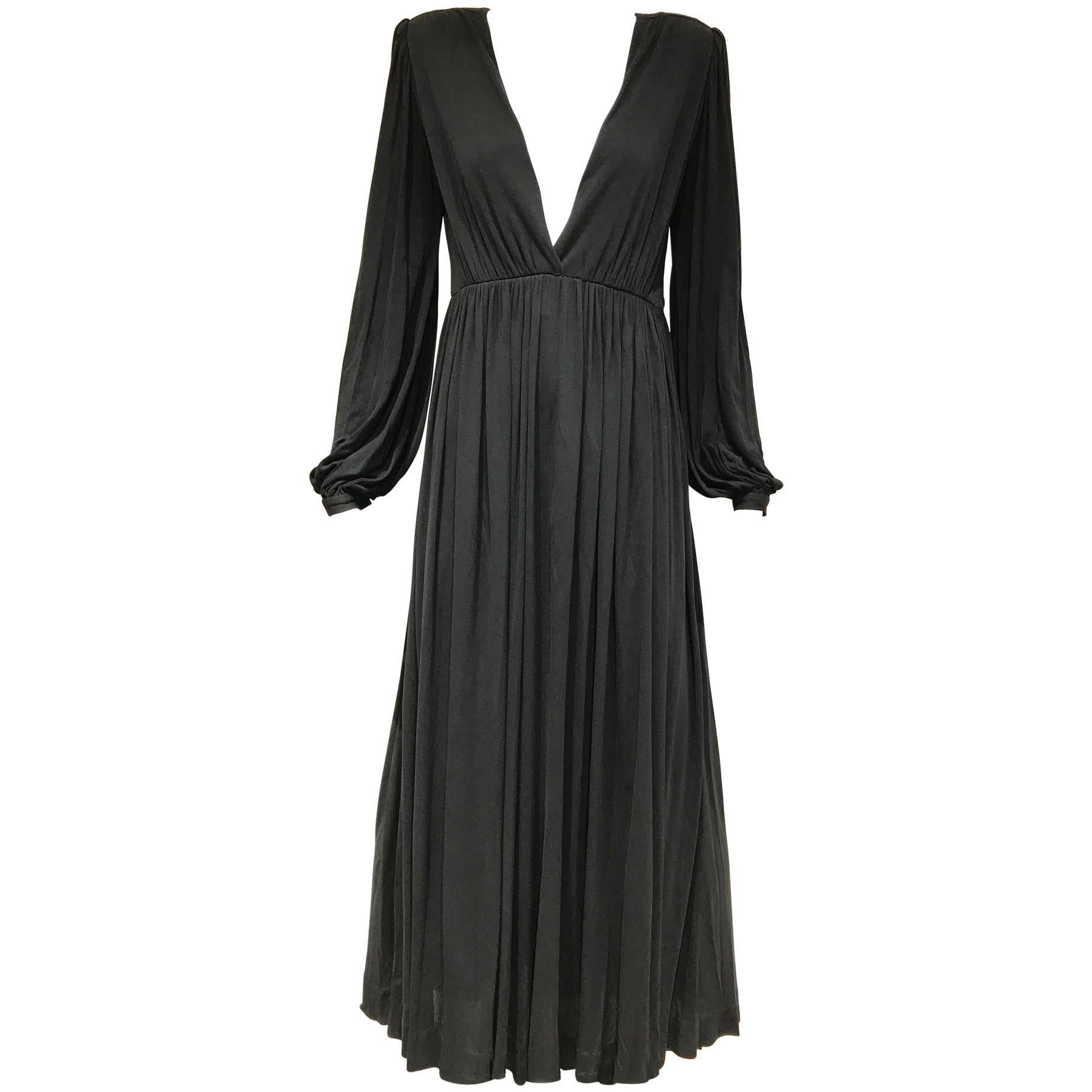 1970s Yves Saint Laurent black jersey V neck dress