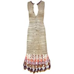 1970s multi color crochet raffia sleeveles dress