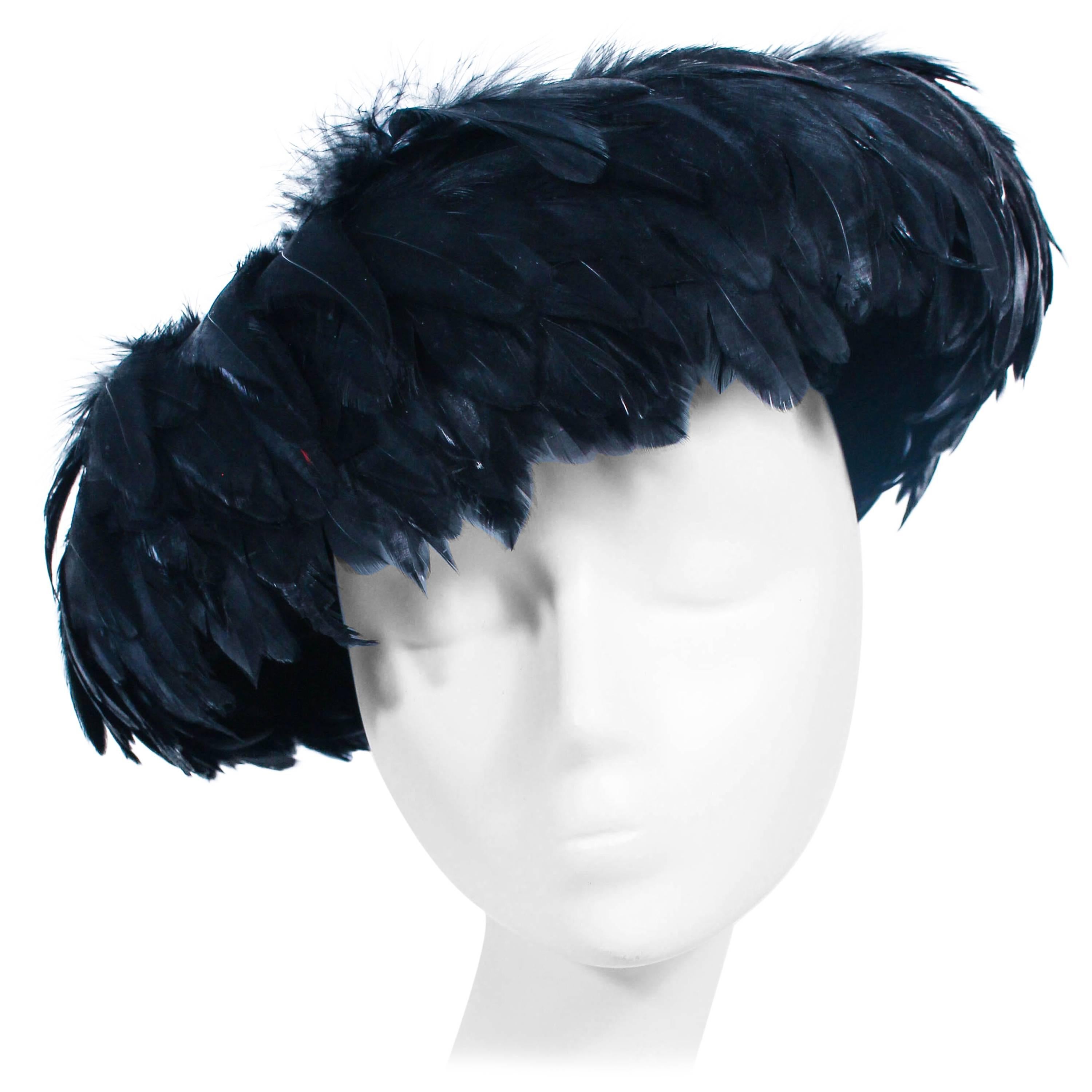 CHRISTINE Vintage 1950's Black Dyed Goose Feather and Sheared Beaver Hat For Sale