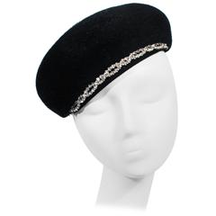 SCHIAPARELLI FRANCE Black 1960's Baret With Rhinestone Trim 6