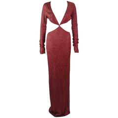 Vintage Cut Out Brown & Gold Metallic Stretch Knit Maxi Dress Size XS 2