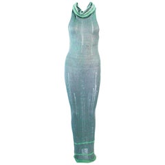 KORBOL 2005 Aqua Mint Green Iridescent Knit Sheer Fuzzy Maxi Dress Size 4 6