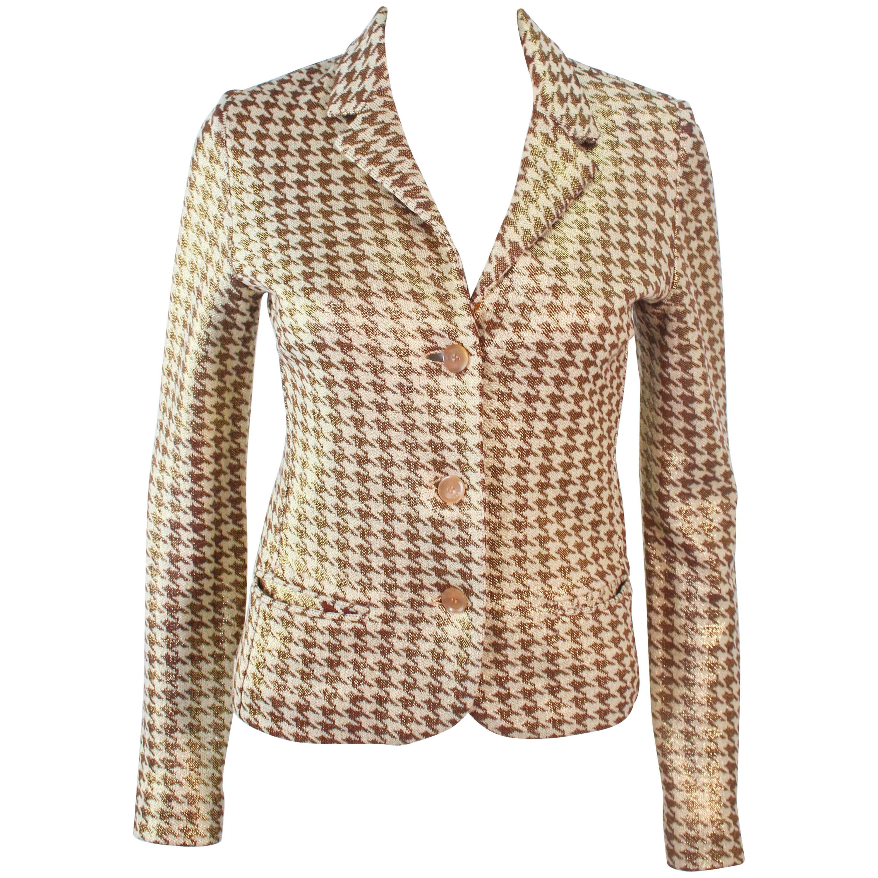 MISSONI Gold and Cream Metallic Houndstooth Stretch Blazer Size 40 For Sale