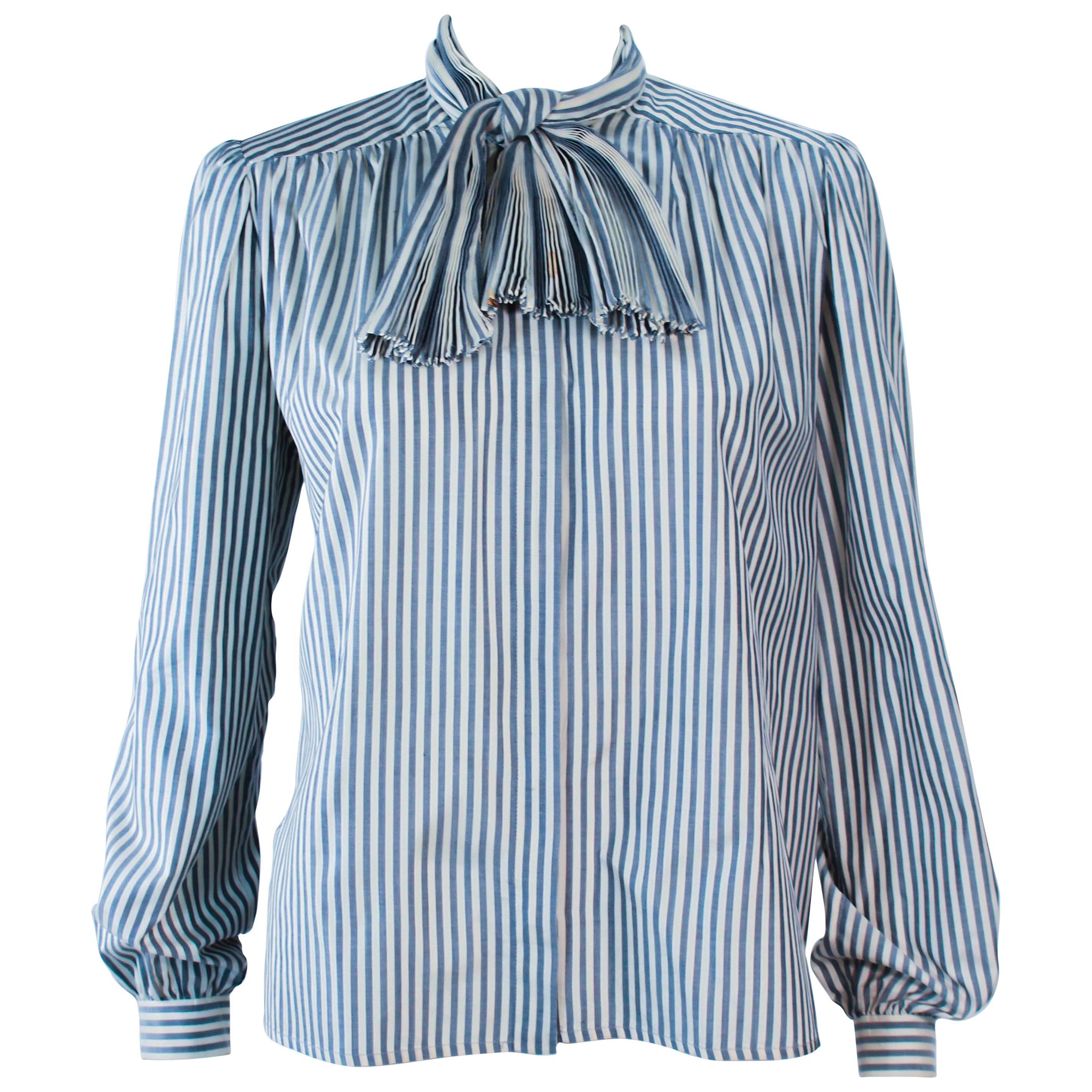 VALENTINO Vintage Blue and White Pinstripe Blouse with Pleated Bow Size 6 For Sale