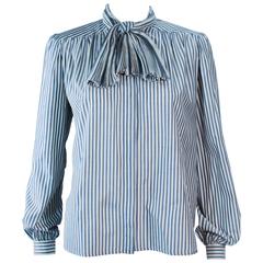 VALENTINO Vintage Blue and White Pinstripe Blouse with Pleated Bow Size 6 7
