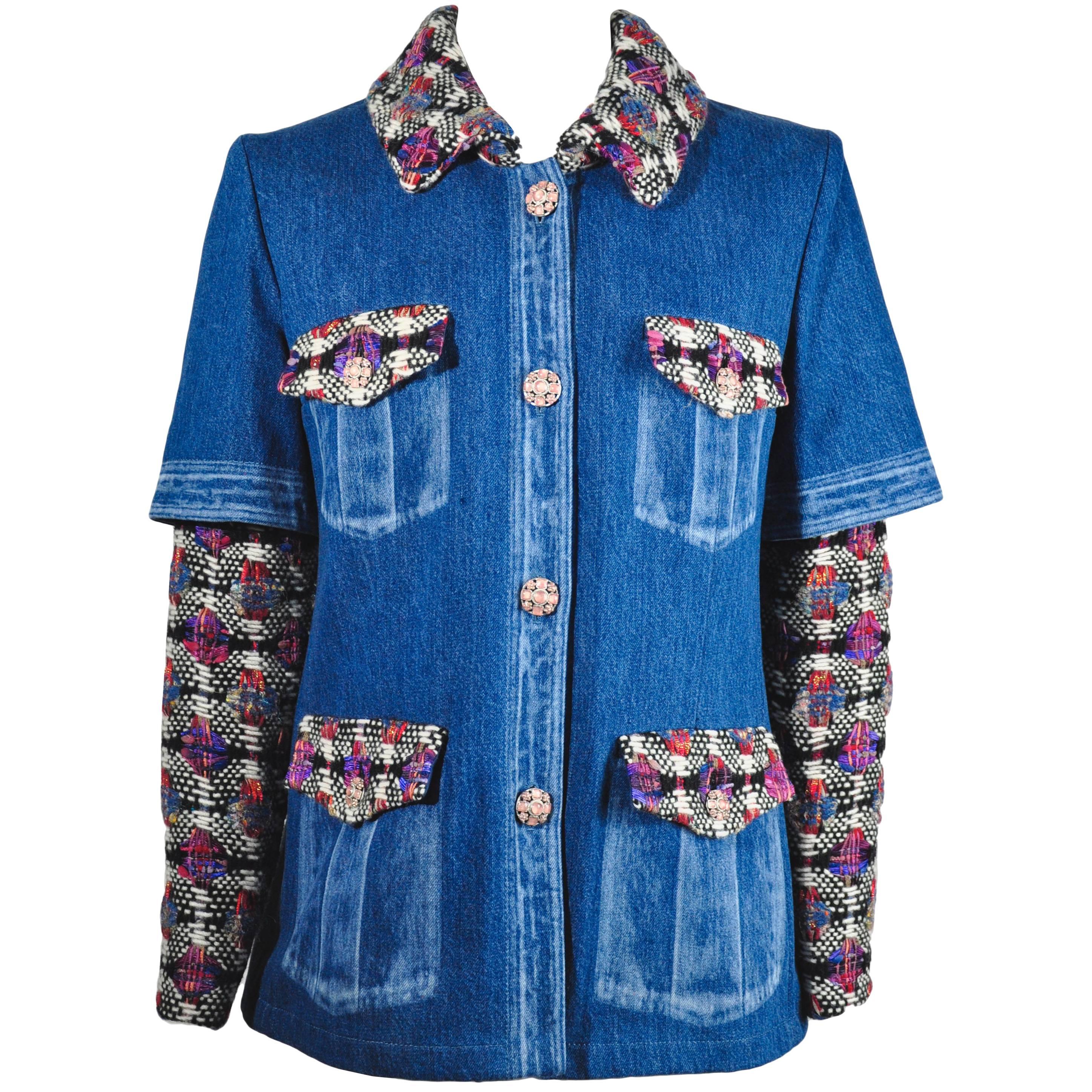 Chanel 2016 F/W Runway Denim and Tweed Four Pockets Jacket FR40 New