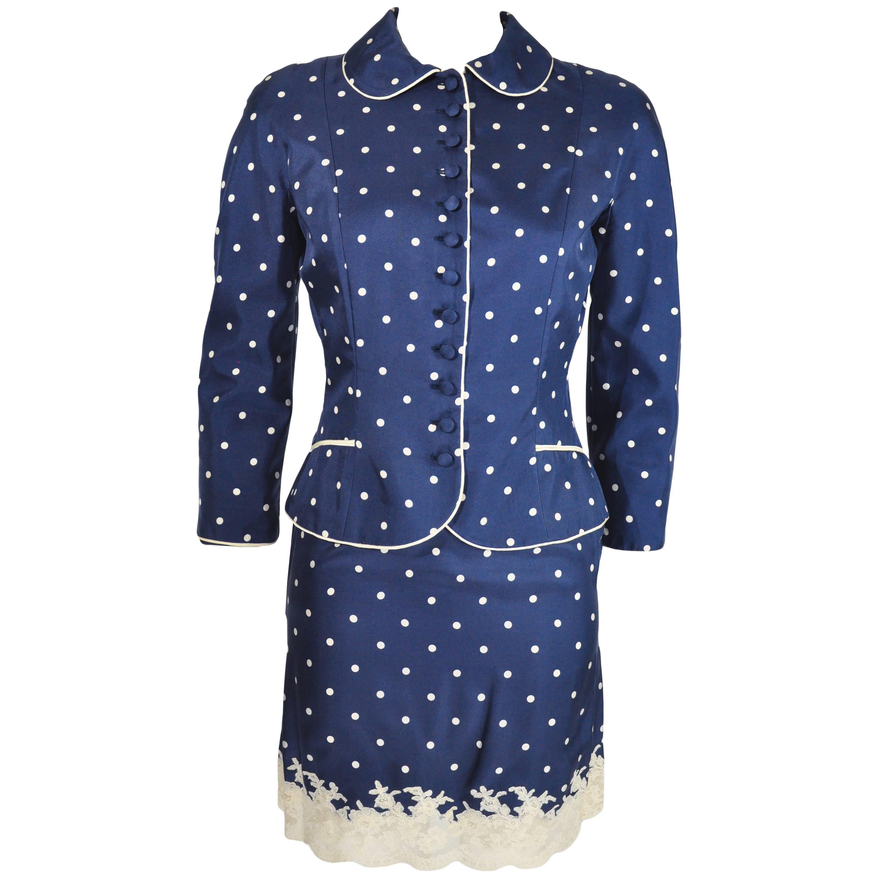 Christian Dior by John Galliano 90's Polka Dot Print and Lace Silk Skirt Suit 
