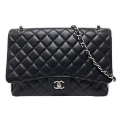 Chanel Classic Flap Maxi Black Caviar Leather Single Flap with Silver Hardware