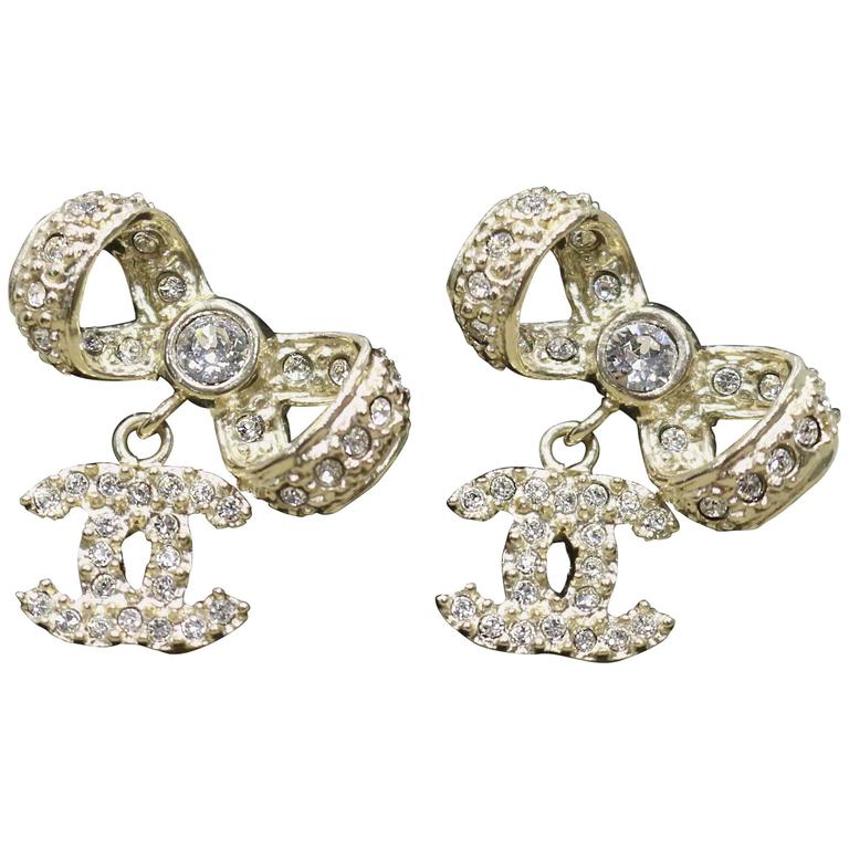 Chanel Bow/CC Logo Drop Earrings Crystal/Pearl Silver Tone