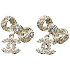 Chanel Bow with Dangle "CC" Crystal and Gold Charm Earrings 