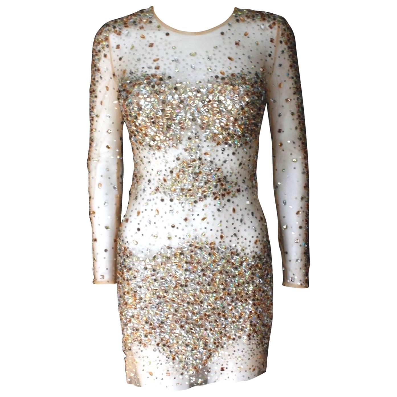 Authentic Jovani Sexy Sheer Crystal Long Sleeve Mesh Dress US 6 uk 6-8 For Sale