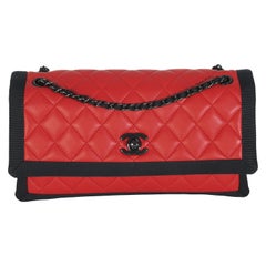 Chanel Vintage Black Red Quilted Lambskin Two Tone Flap Bag