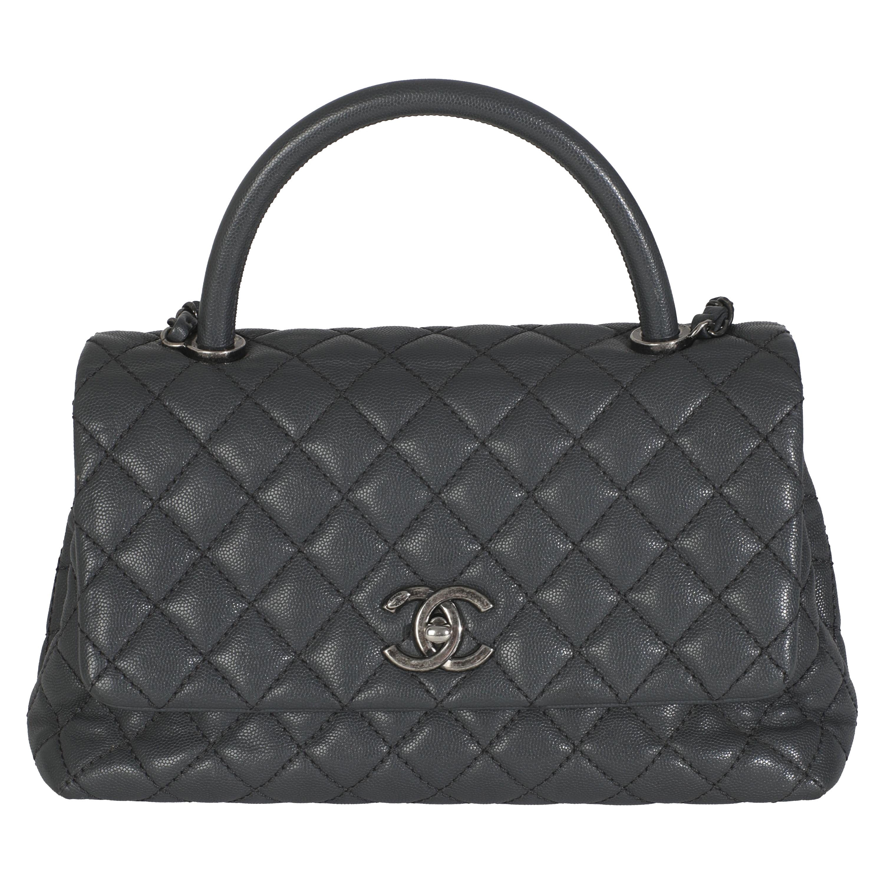 Chanel Grau gesteppt Kaviar Coco Top Handle Handtasche im Angebot