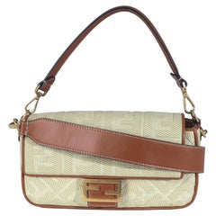 Fendi Beige Canvas Vitello King Bi-Color Strap FF Embroidered Baguette Bag