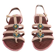 Chanel Sandales FR38 Pink Tweed Jewelled Flats Sandals US8