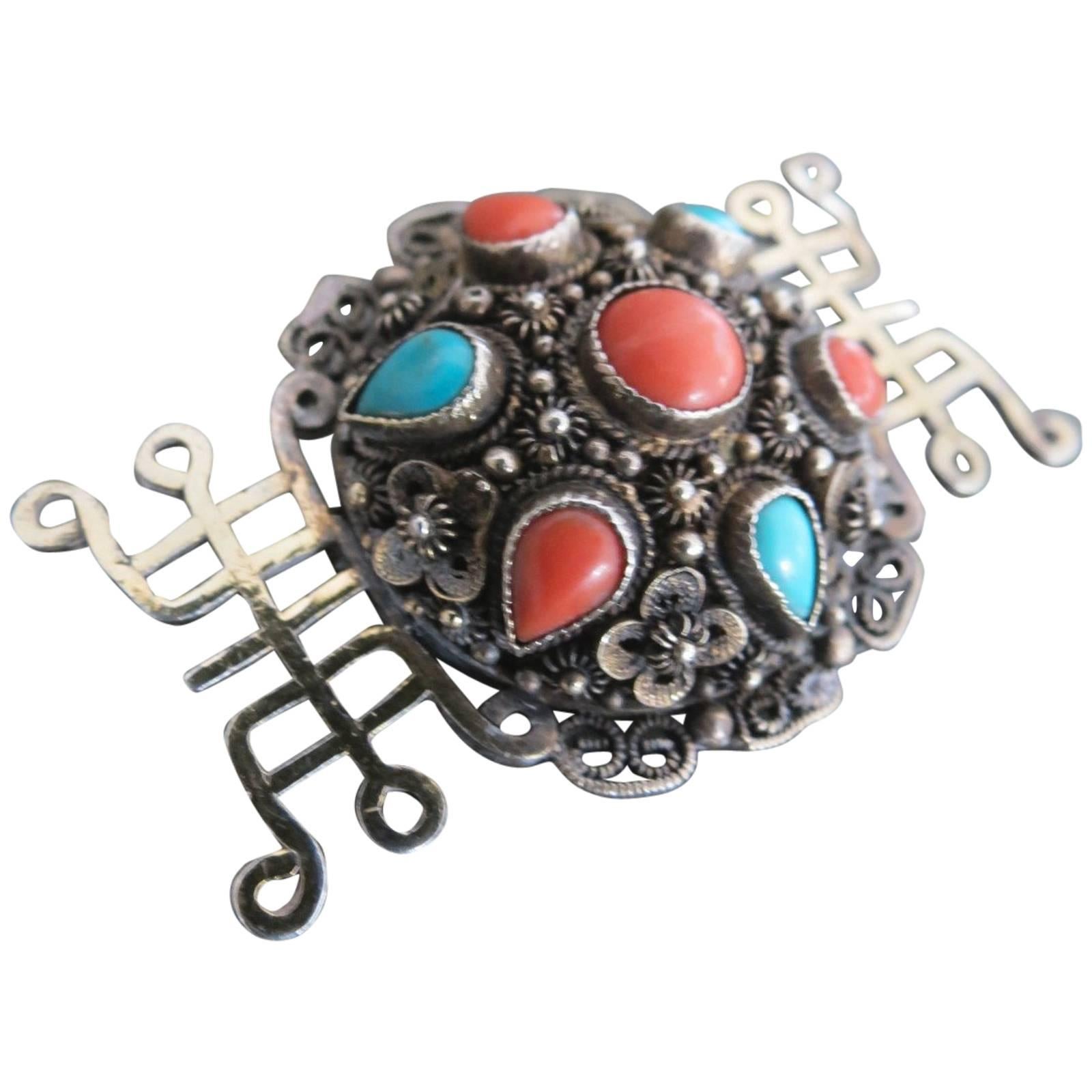 Vintage Chinese Silver Salmon Coral Turquoise Brooch   For Sale