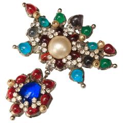 1955-1965 Chanel by Gripoix Brooch with Colored Glass, Crystals and Faux-Pearl