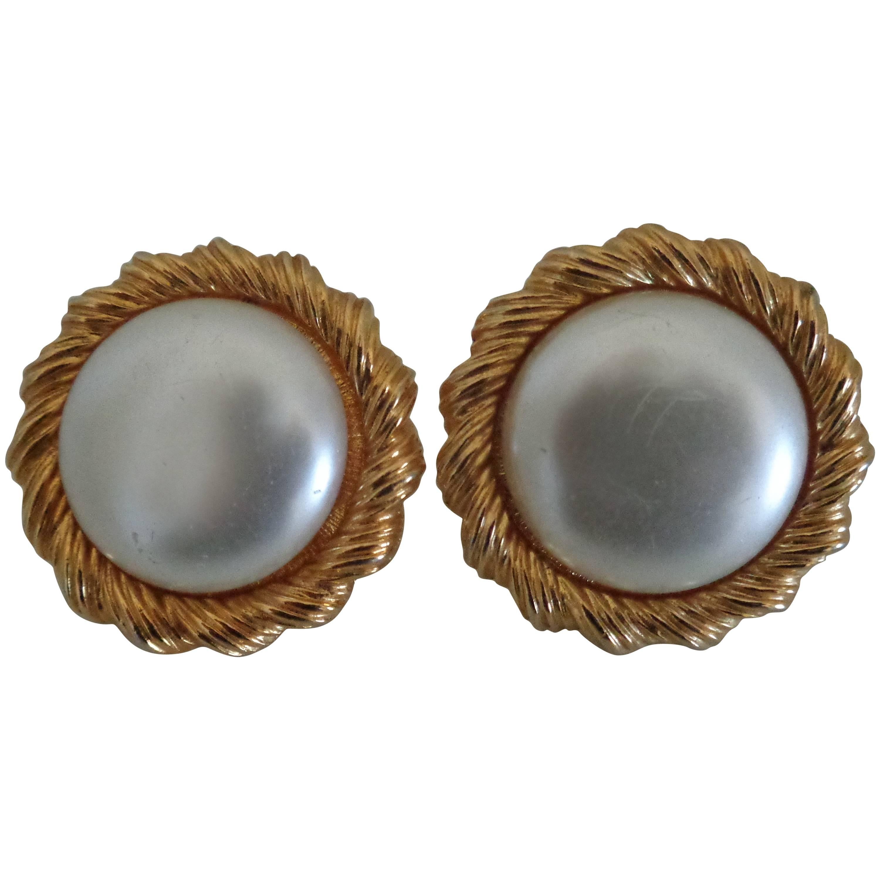 Trifari Gold Tone White Faux Pearls Earrings For Sale