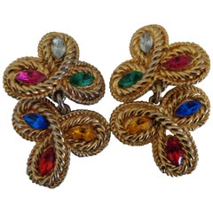 Gold Tone Multicoloured Stone Pendant clip - on earrings