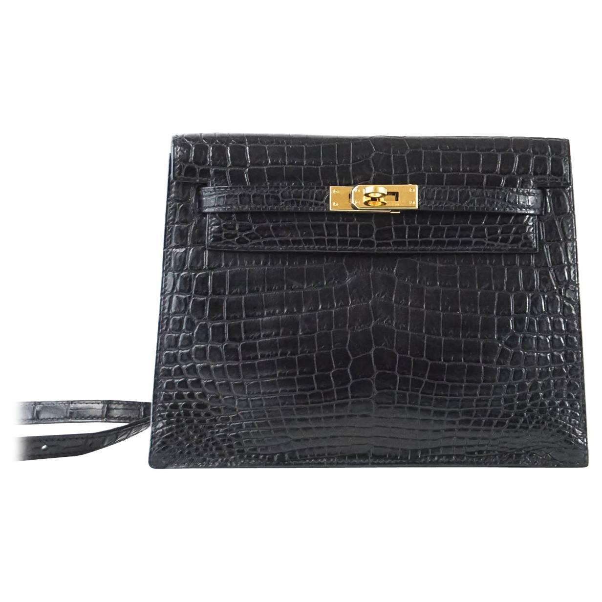 HERMES KELLY DANSE Bag Matte Black Crocodile Incredibly Rare Limited Edition 