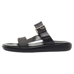 Louis Vuitton Black Leather and Logo Canvas Slide Sandals