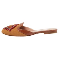 Oscar de la Renta Brown Canvas and Leather Spanish Embellished Flat Mules Size 3